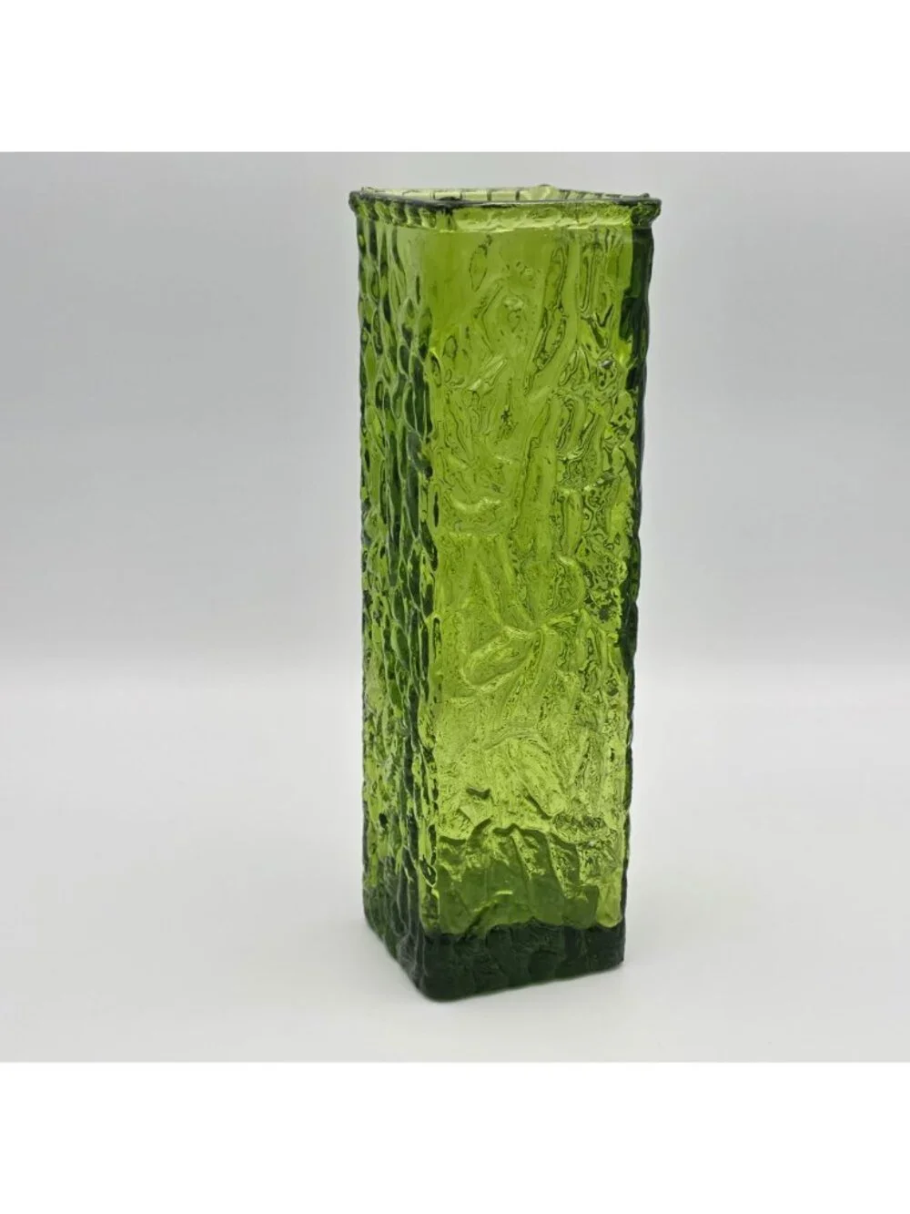 George Davidson Green Glass Vase Rectangular Shape MCM Decoration 8.75